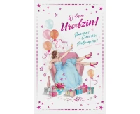 Birthday Card, Woman with gifts and balloons, 13x20,5 cm